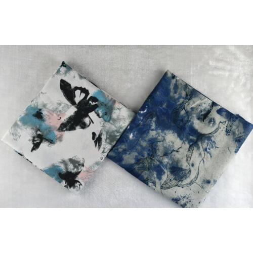 26 DIY Blue Cotton Linen Printed Linen Garment Curtain Chinoiserie Landscapes Imitation Batik Painting 50cm