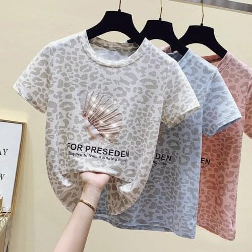 2021 Leopard T shirt Women Clothes Diamond Print Cotton Korean Casual T-Shirt Summer TopsWhite Short Sleeve Y2K Tee Shirt