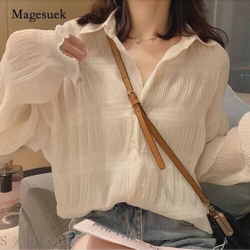 Women Spring Summer Lantern Long Sleeve Chiffon Blouses Thin Sunscreen Cardigan Shirts Streetwear White Clothing Blusas 10348
