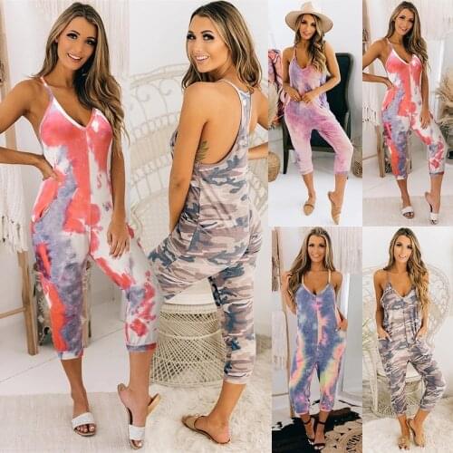 Women Bodysuits Tie Dye Printed Casual Pocket Jumpsuits Sleeveless V-neck Tracksuit Rompers Backless Sportwear Outfits Plus Size