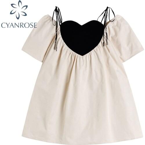 Sweet Summer Women Lace-up Off Shoulder Short Sleeve Suspender Streetwear Dress 2021 New Heart Neck Patchwork Harajuku Dress