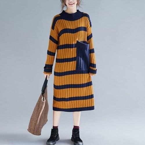 Plus size Women Knitted Dress 2019 spring Loose Casual Female Lady Vestidos Fashion Striped Long Sleeve Thick Sweater Dresses