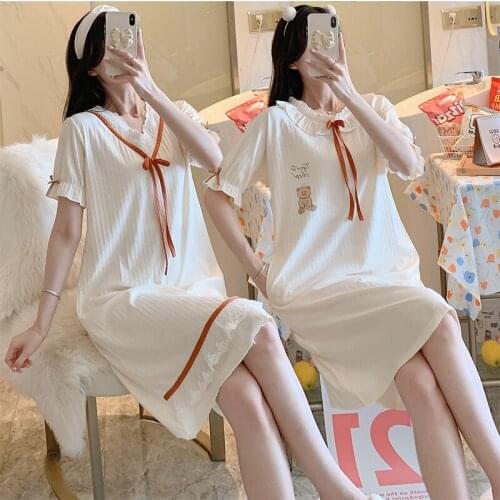 2021 Summer Short Sleeve 100% Cotton Nightgowns for Women Korean Princess Cute Sleepwear Nightdress Home Dress Night Gown Nighty