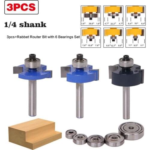 3pcs/set 1/4 inch Shank Carbide Rabbet Router Bit with 6 Bearings Set and Wrench For Woodworking Milling Cutter Power Tools