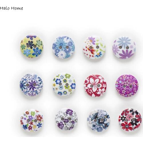 50pcs 2 Hole Printing Flowers Round Wood Buttons Home Clothing Decor Sewing Scrapbooking Card Making DIY 15mm