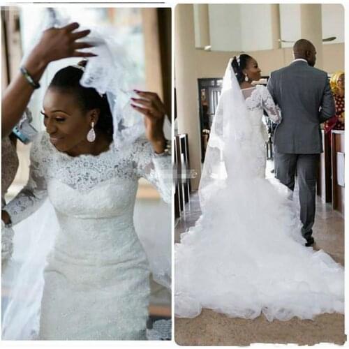 African Mermaid Lace Wedding Dresses Plus Size Long Sleeve Appliques Sequined Ruffle Trains Nigerian Bridal Wedding Gowns