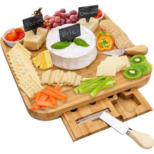 Bamboo Slate Cheese Board Charcuterie Platter & Food Serving Tray with 2 Bowls