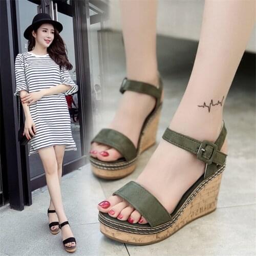 Summer Women Sandals Buckle Flock Fish Mouth Wedge Sandals high Heel Platform Open Toes Women Sandals Wedge Women Shoes 35-40