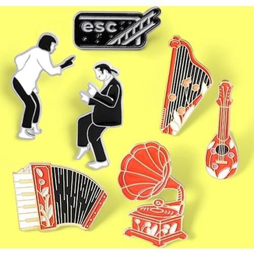 Black red style Brooches Pulp Fiction Vintage Instrument Enamel Pin Custom Phonograph Accordion Guitar Brooch Badge Jewelry Gift