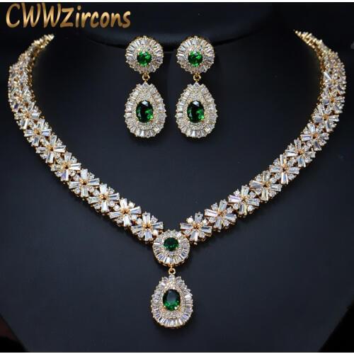 CWWZircons Top Quality Yellow Gold Color Green African Cubic Zirconia Beads Bridal Wedding Jewelry Sets for Wedding Brides T097