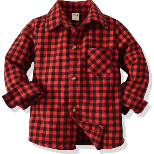 Kids Spring Autumn Clothes Little Boys Plaids Shirt Red Black Plaid Pattern Lapel Single-breasted Top Children Casual Clothes