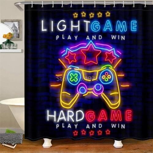 Kids Video Game Boys Shower Curtain Kids Teen Gaming Room Decor Curtain Modern Gamer Gamepad Bath Curtain Black Colorful Funny