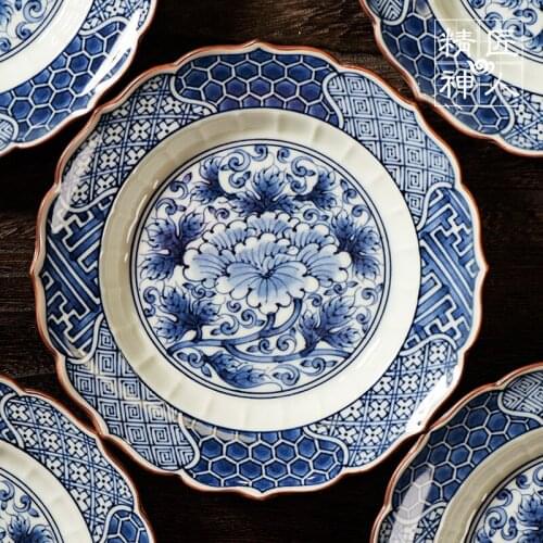 Has blue and white grain field burning auspicious peony pot bearing imported tableware box set of disc ceramic plate
