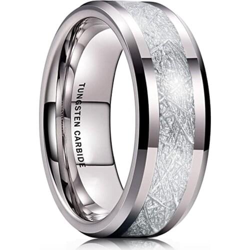 Fashion 8MM Silver Color Tungsten Carbide Ring For Men Silver Meteorite Inlay Ring Beveled Edge Mens Wedding Band Size 6-14