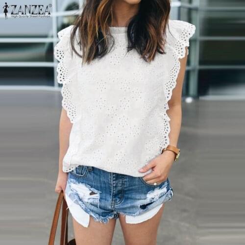 ZANZEA 2021 Fashion Lace Crochet Tops Womens Hollow Blouses Sleeveless Blusas Female Solid Floral Ruffle Summer Tunic Plus Size