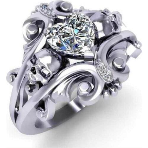 Punk Heart White Zircon Stone Skull Wedding Rings for Women Men Fashion Jewelry Mens Punk CZ Skeleton Ring Party Gifts