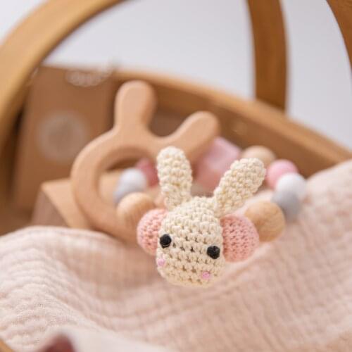 2021 New Wooden Baby Rattle Bracelet Crochet Rabbit Bead Teether Nursing Toys Newborn Toys Teether Accessories Gift