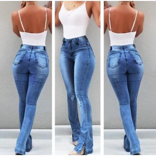 2021 Summer Hot Sale Jeans Mom Bell Bottom Ripped Female Jeans For Women Denim Skinny Flare Jeans Wide Leg Plus Size Black Pants