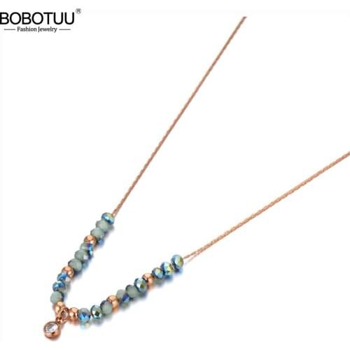BOBOTUU Titanium Stainless Steel Colorful Crystal Charm Pendant Necklaces Trendy Rose Gold Choker Necklace For Women BN20112