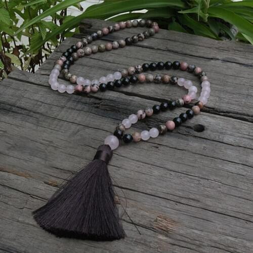 8mm Rhodochrosite And Onyx JaPaMala Beads Necklace, Rose Quartz Nacklace, 108 Bead Mala, Mala Jewelry, Yoga Class Prayer Jewelry