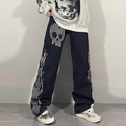 2021 Spring Autumn streetwear Hip hop Skull flame print Jeans Women 2021 Straight Wide Leg pants Couple baggy Jeans Female