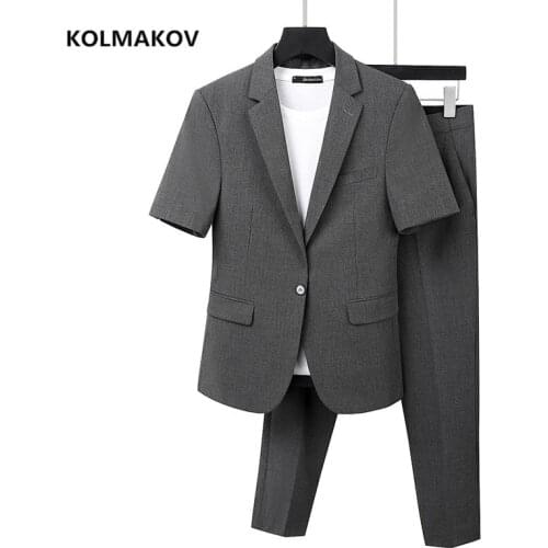 Jacket+Pants)2021 new style summer Mens Suits Slim Fit half sleeve Suits Business Casual Wedding Groom Suits Men DT15