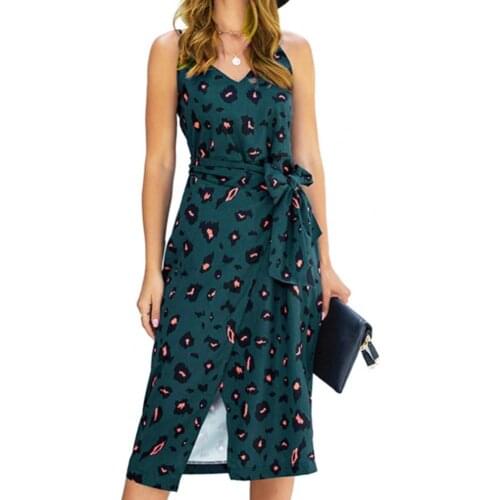 Summer Women Dress Leopard Print Holiday Dress Women Sexy Sleeveless Split Dresses Vacation Boho V-Neck Beach Female Clothing