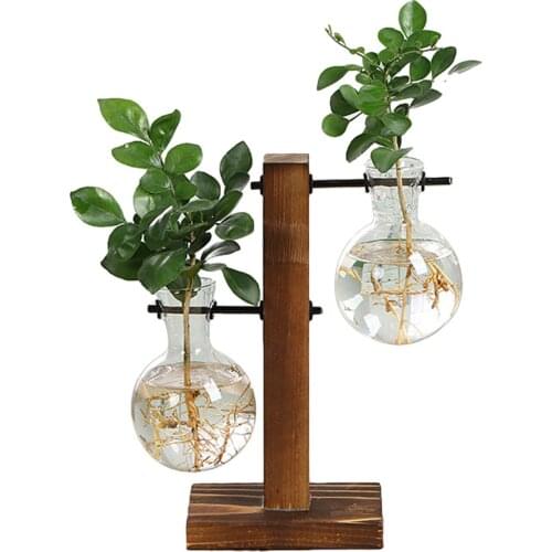 Transparent Vase Glass Planter Bulb Vase Desktop Plant Hydroponic Plant Vases Vintage Flower Pot Wooden Frame Glass Tabletop Dec