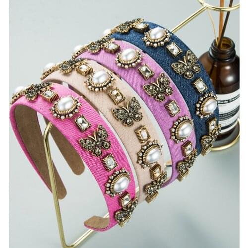 Luxury Baroque Headbands Fashion Hair Accessories Women Butterfly Accessories Diamond Pearl Hairband Boutique Hair Hoop Headwear