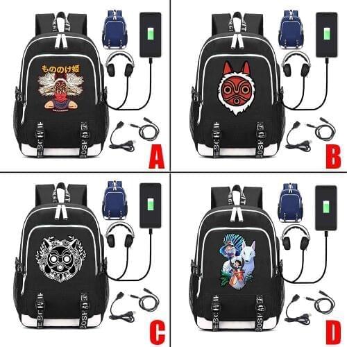 Japanese Anime Totoro Princess Mononoke Laptop USB Backpack Kids Teens Student School Bags Bookbag Unisex Shoulder Travel Bags