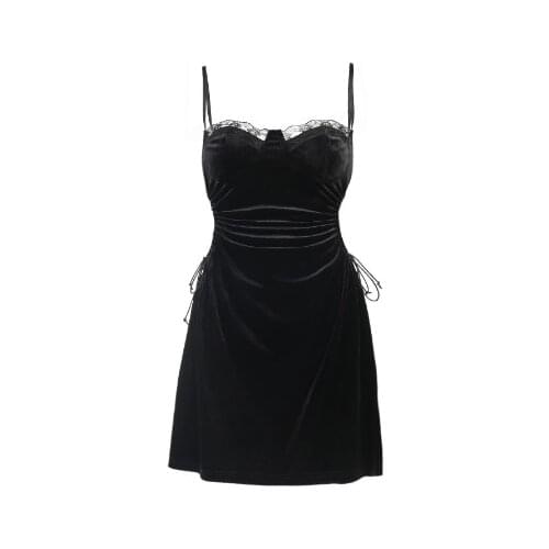 Ruibbit Vintage Velvet Lace Black Mini Dress Goth Aesthetic Hollow Out High Waist Mini Skirt Elegant Sexy Party Club Dresses