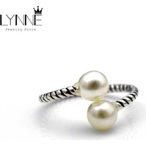 LYNNE Jewelry Fashion Vintage Silver Plated Double Pearl Wishbone Rings Wholesale Twist Design Open Adjustable Women&Girl Ring