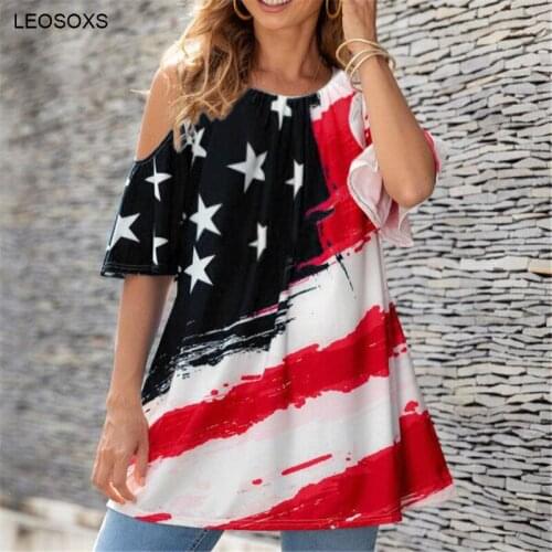 2021 New Fashion Womens Casual Star Print Off Shoulder Round Neck Top Summer Casual Loose Beach Short Sleeve T-shirt