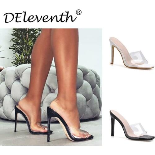 Women Sandals Summer Ladies Square Toe PVC 10.5CM Thin Heels High heels Slip On sandalias mujer 2020 women shoes size 35-42