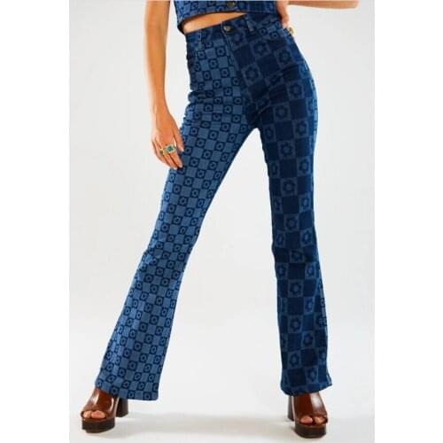 Female Jeans Plaid Flower Print High Waist Trousers Long Loose Pants for Spring Fall