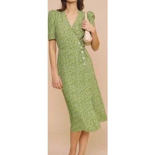 Ladies Wrap V Neckline Floral Printed Short Sleeve Midi Dress With Waist Ties