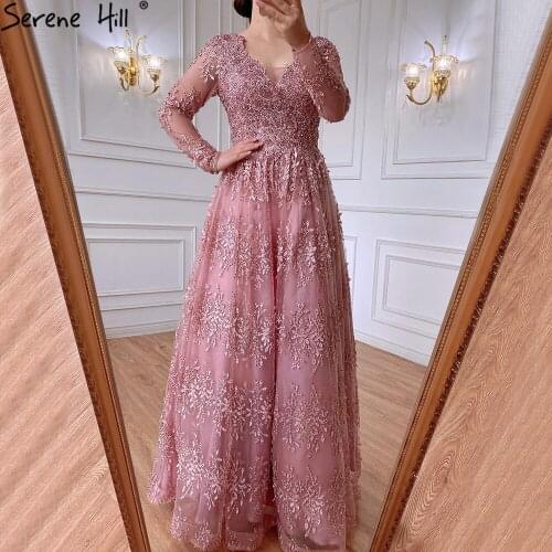 Serene Hill Pink Luxury Evening Dress 2021 Long Sleeves Applique Embroidery Crystals A-Line Women Formal Party Gown CLA70729