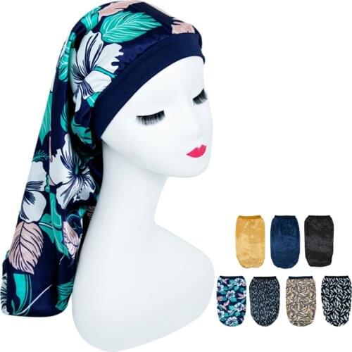 1PC Women Elastic Wide Edge Satin Long Hair Hat Sleeping Hats Wrap Night Cap Hair Care Bonnet for Women Men Unisex Cap Headwrap