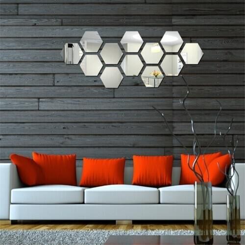 12pcs/set 3D Hexagon Acrylic Mirror Wall Stickers DIY Art Wall Decor Stickers Home Decor Living Room Mirrored Decorative Sticker