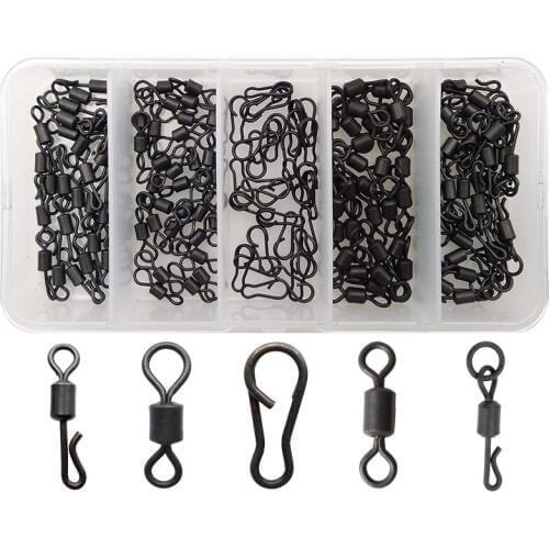 150pc Matte Black Carp Fishing Quick Change Swivel Set Long Body Rolling Swivels Snap Carp Fishing Accessories Tackle Set