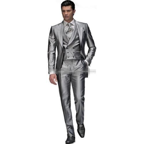 2016 Custom Made Morning Style Groom Tuxedos Silver Grey Best man Peak Lapel Groomsman Men Wedding Suits Bridegroom