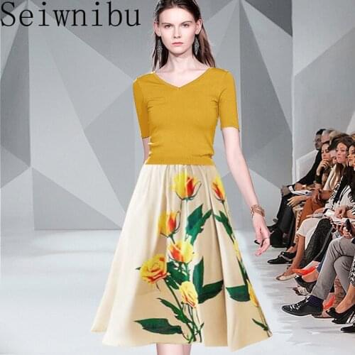 2020 Summer Women elegant knit sweater Yellow slim pullovers Top + A-line floral print skirts suit female two piece set