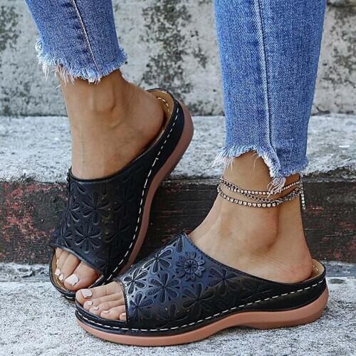 2021 Women Sandal Leather Low Heels Woman Wedge Beach Shoes Flower Retro Platform Sandals Ladies Party Shoes Female Big SIZE 44