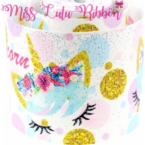 3"75mm Full Silver Glitter Colorful Dots Flora Cartoon Patterns Printed Grosgrain Ribbon DIY Party Hair Band Making 5yards/roll