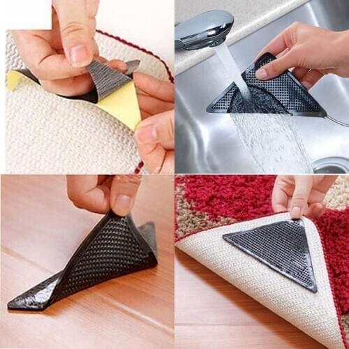 4Pcs Triangle Reusable Anti-skid Rubber Mat Non Slip Patch Mat Washable Rug Gripper Stopper Tape Sticker Black Corners Pad D
