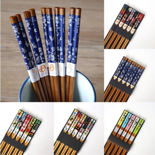 5 Pair Chopsticks Handmade Bamboo Japanese Natural Wood Sushi Food Multi Color Wooden Anime Chopsticks Household Reusable