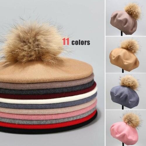 Autumn Winter Womens Warm Real Wool Berets 15cm Natural Raccoon Fur Pompom Beret Hats Lady Vintage Chic Hats