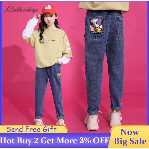 2020 New Fashion Girls Jeans Korean Cartoon Print Jeans Pants For Girls Elastic Waist Kids Jeans Toddler High Quality Jeans