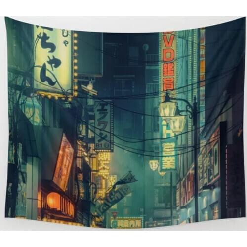Tokyo Nights Memories of Green Blade Runner Vibes Liam Wong Tapestry Wall Hanging Beach Towel Blanket Tapestries Home Decoration