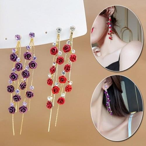 Korean Version Rose Long Tassel Pendant Earrings New Fashion Temperament Women Exquisite Rose Flower Earrings Jewelry